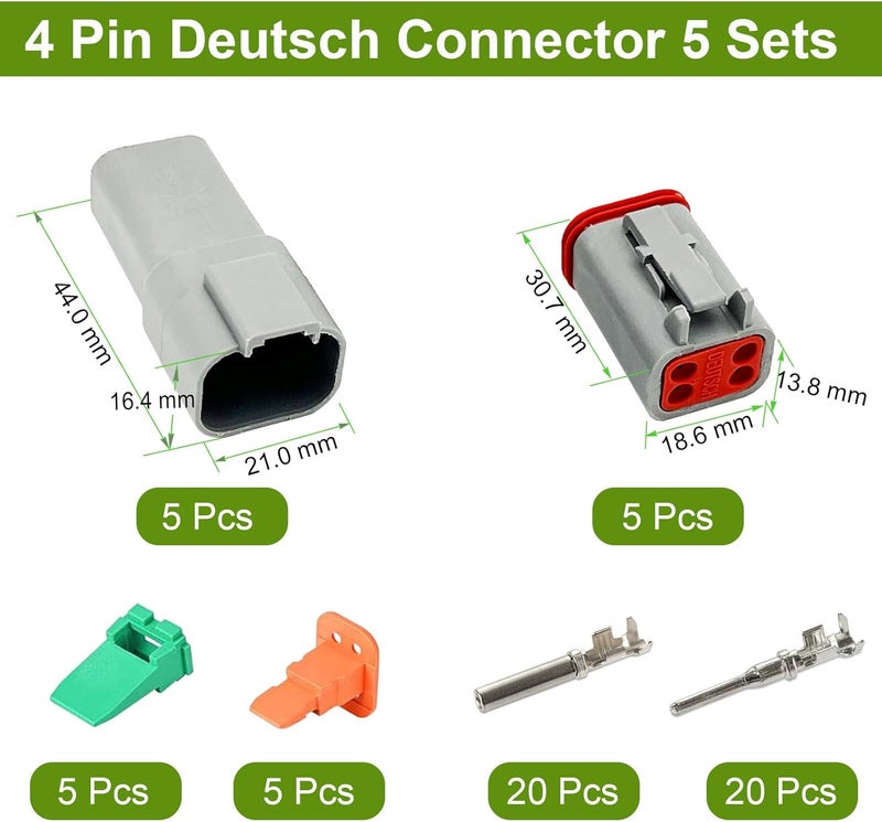 Twippo 4 Pin Deutsch Connector Kit 5 Sets, Gray DT Connector Kit, 4 Pin Automotive Waterproof Wire Connectors, Electrical Connectors Kit with 16# Stamped Contacts for Car, RV, Truck Wiring 22-16AWG - Image 2